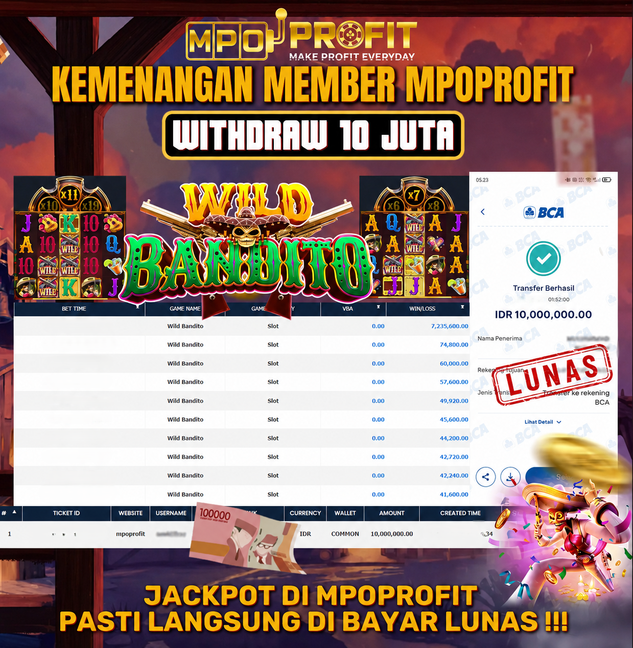 MPOPROFIT JACKPOT SLOT PGSOFT! KEMENANGAN MURNI DI (WILD BANDITO TOTAL RP 10.000.000,- LUNAS)